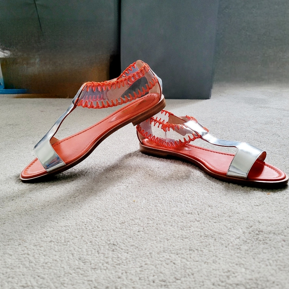 NWOT Pollini Silver and Orange Leather Sandals Size EU 37